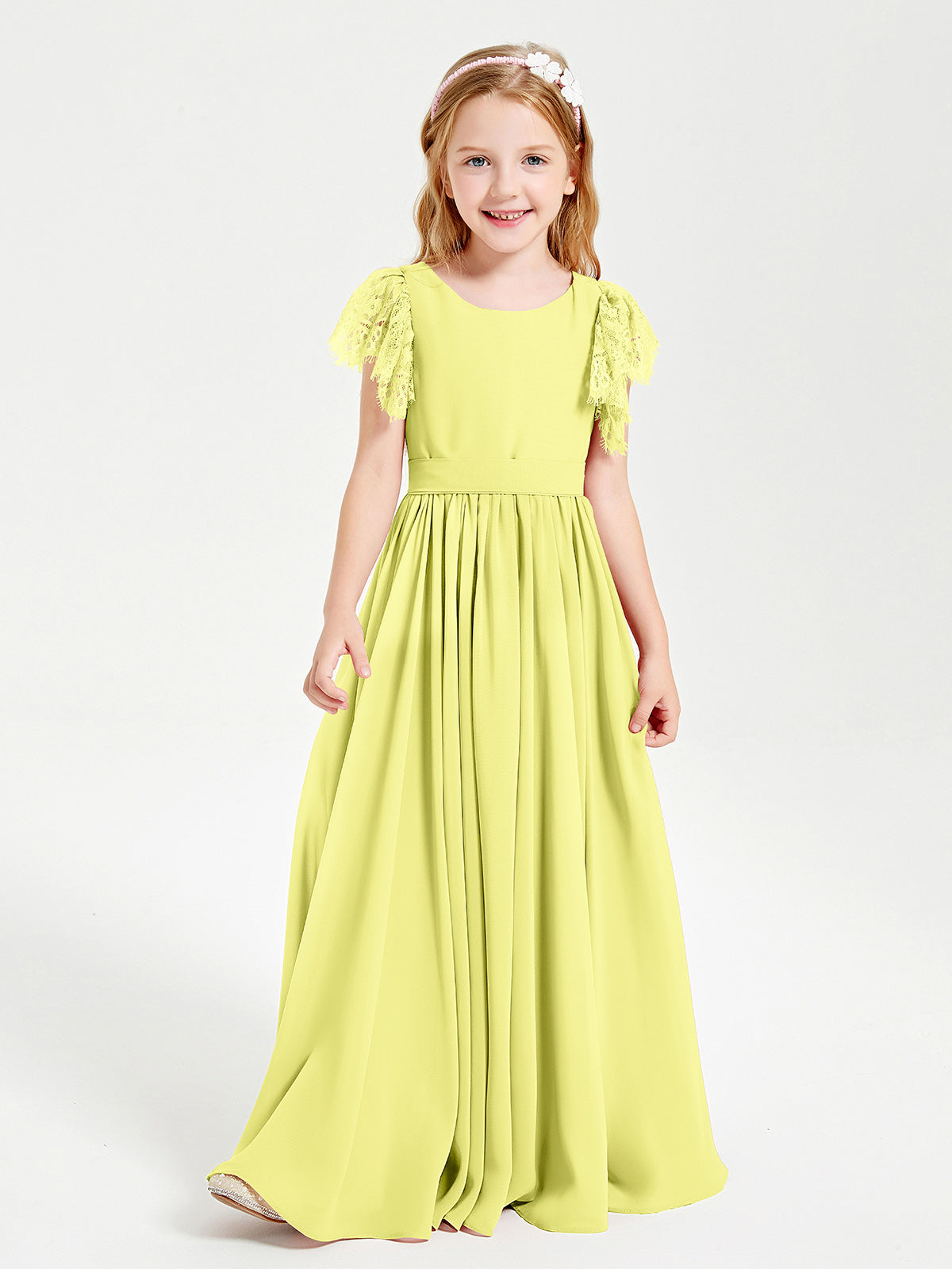 Chiffon Junior Bridesmaid Dresses with Lace Flutter Sleeves Daffodil
